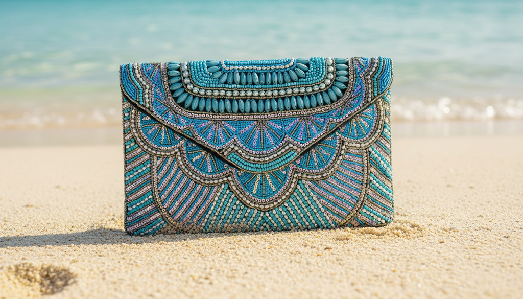 Sky Blue And Gold handcrafted beaded purse