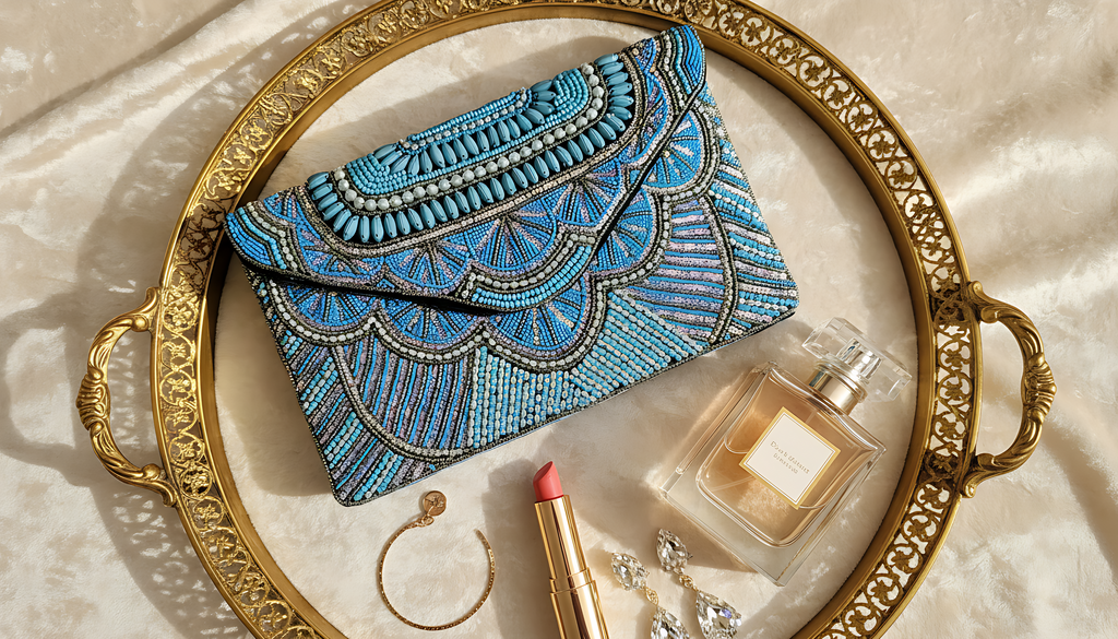 Sky Blue And Gold handcrafted beaded purse