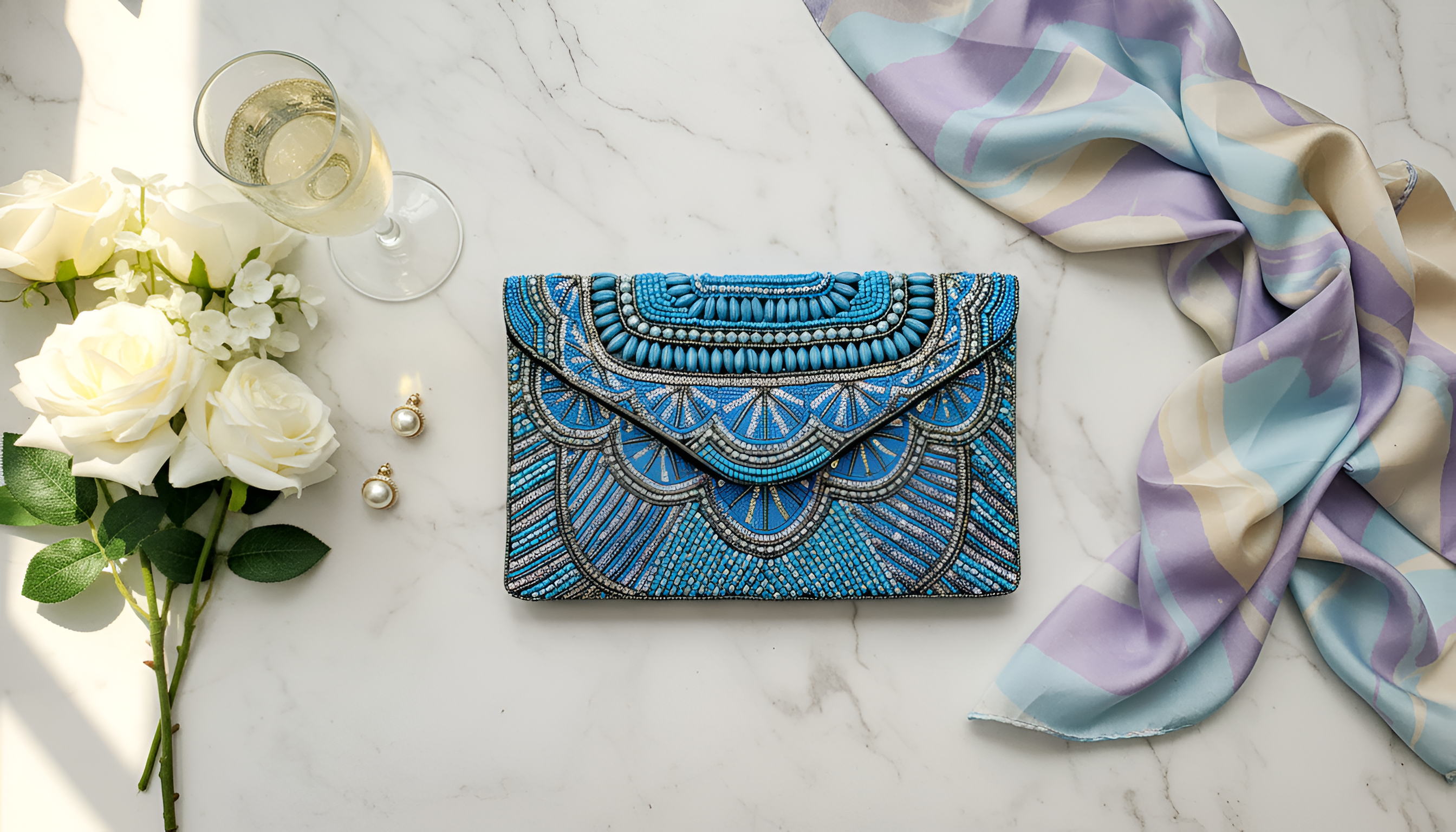 Sky Blue And Gold handcrafted beaded purse
