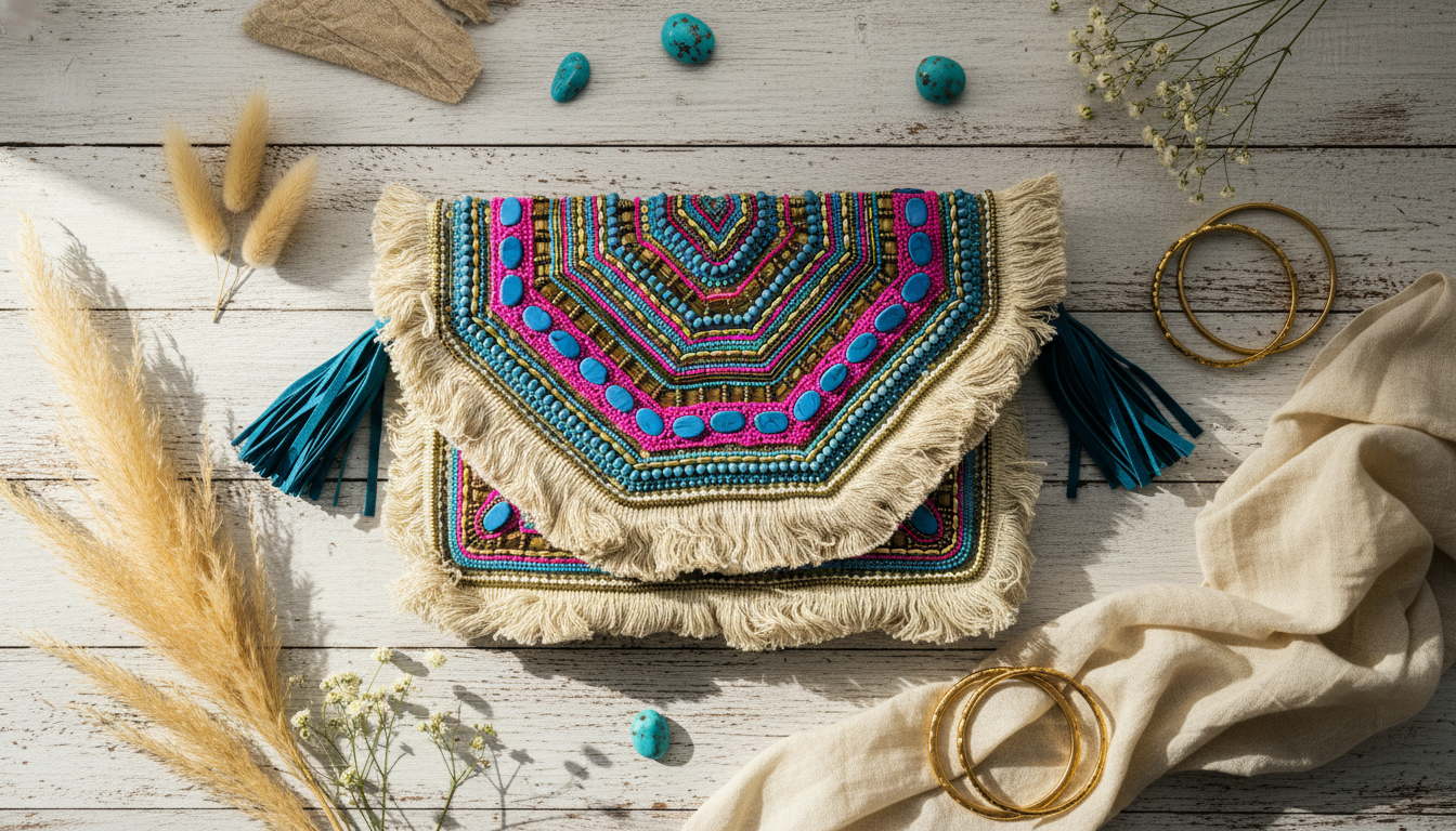 Blue Beaded Boho Purse Pearl Clutch