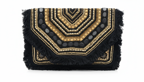 Black And Gold Beaded Boho Pearl Clutch