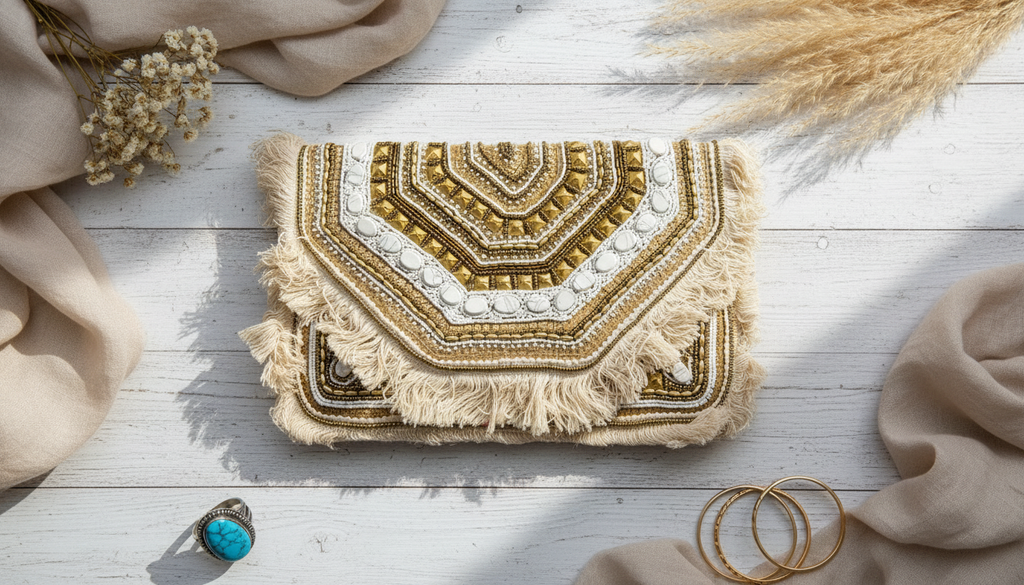 White Embroidered Boho Purse Mini Beaded Clutch