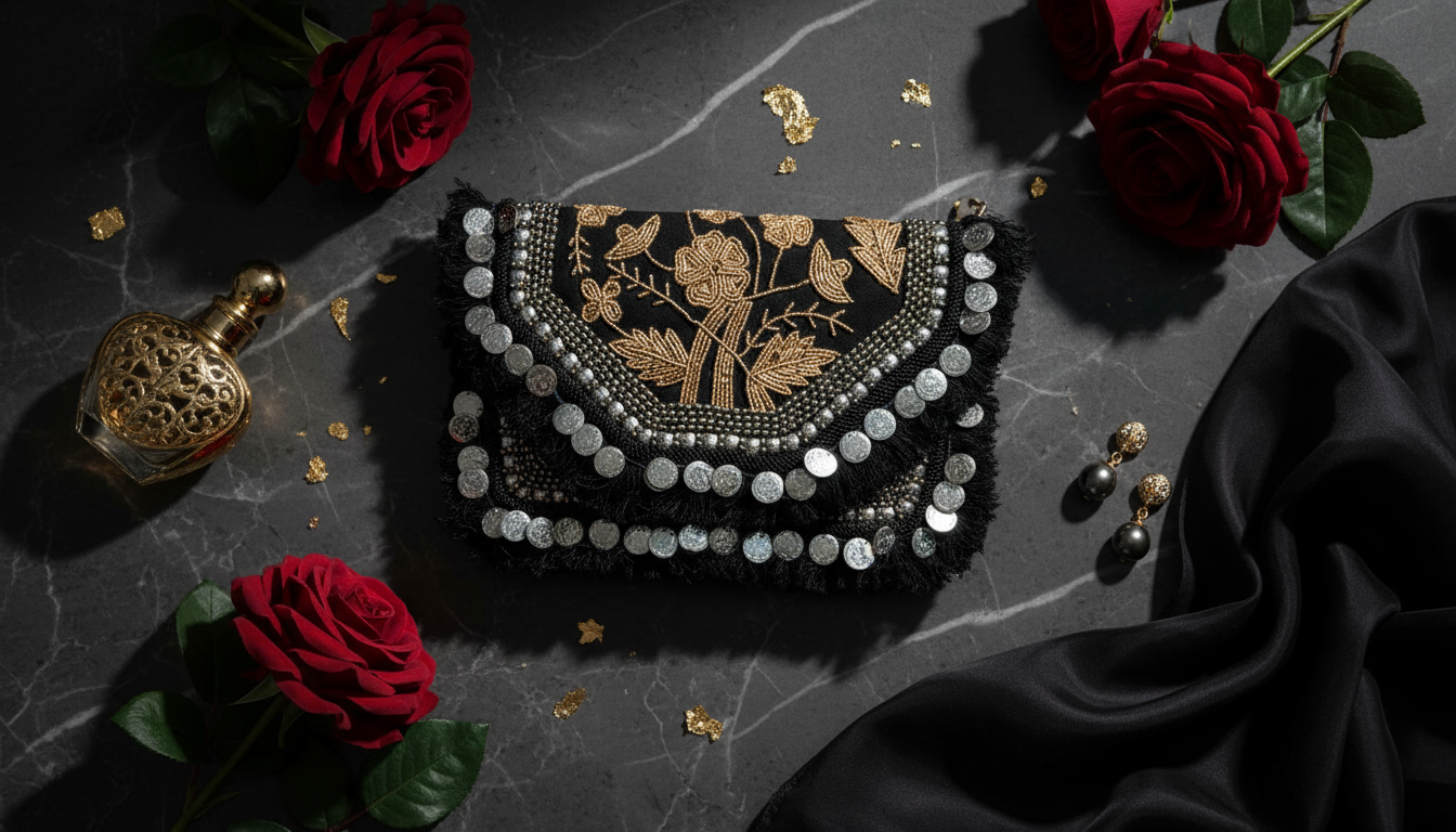 Black Beaded Boho Purse Clutch